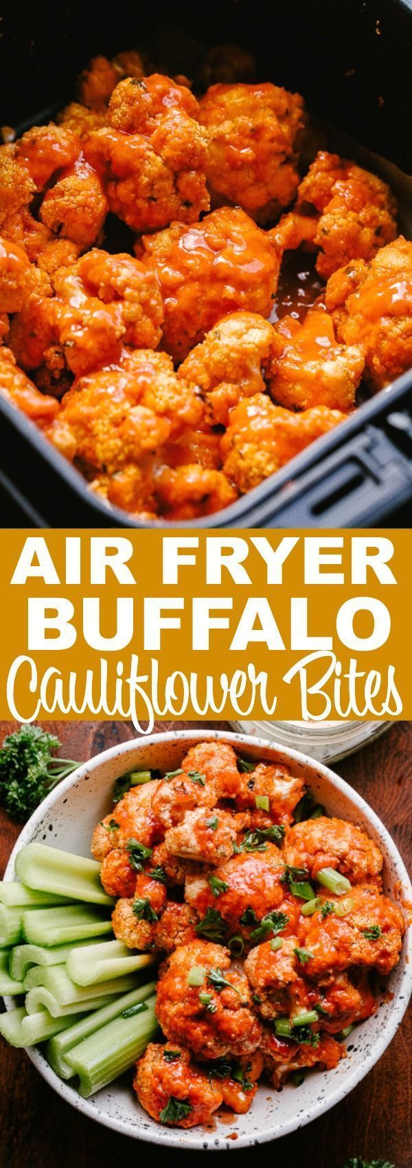 air fryer buffalo cauliflower bites in a white bowl with celery on the side