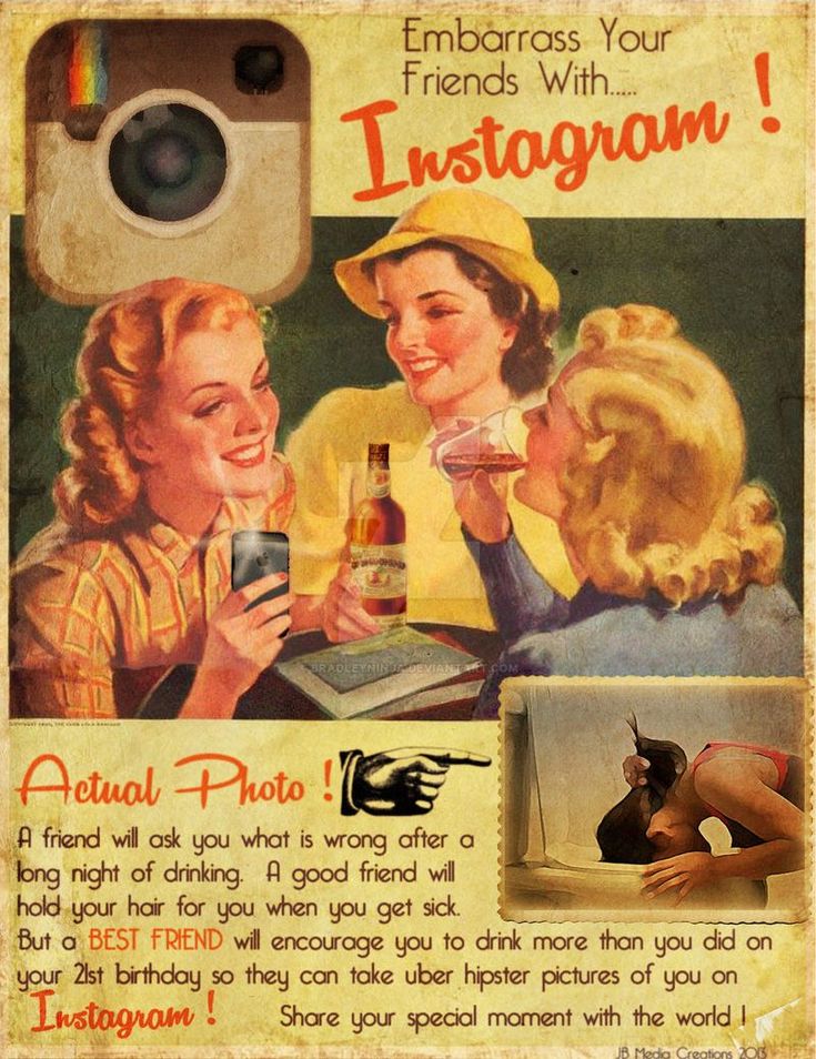 an old advertisement for instagram with two women drinking beer and talking to each other