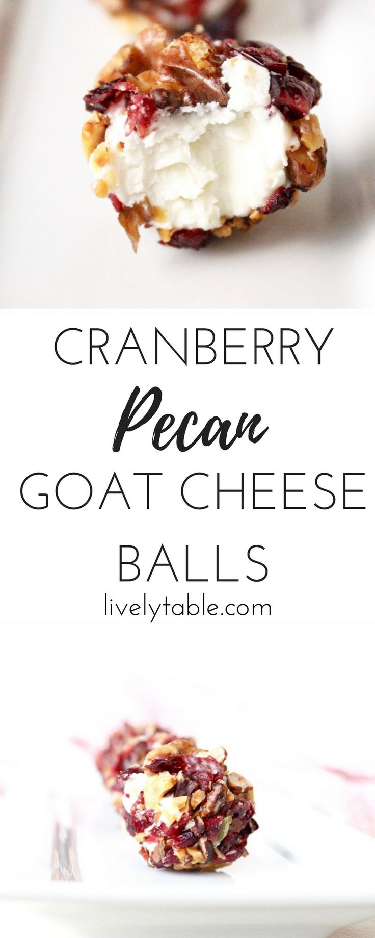 cranberry pecan goat cheese balls on a white plate with text overlay