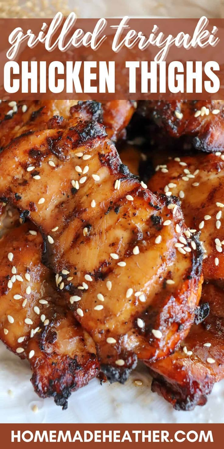 grilled teriyaki chicken thighs with sesame seeds on the side and text overlay