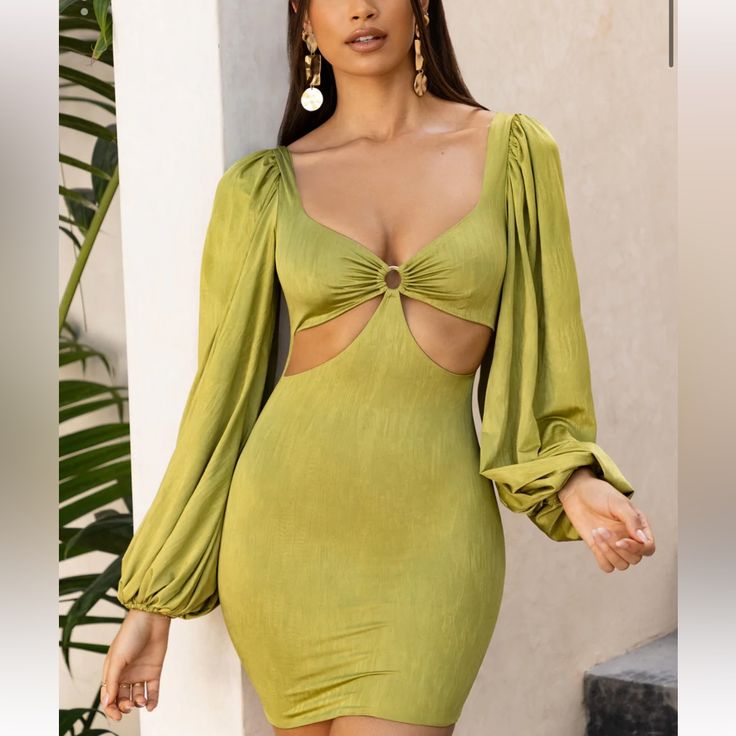 Ohpolly Brand New (Never Worn) Slinky Stretch Fabric With Cutouts And Balloon Sleeves Beautiful Olive Color Size 2 (Xs/S) Tags Still On Selling Because Doesn’t Fit Too Well In The Chest Region For Me But It Is So Cute! Sold Out Online Olive Long Sleeve Party Dress, Green Stretch Mini Dress For Brunch, Green Stretch Bodycon Dress For Date Night, Fitted Green Bodycon Dress For Brunch, Green Fitted Bodycon Dress For Brunch, Fitted Olive Mini Dress, Chic Green Mini Dress With Cutout, Green Bodycon Dress For Brunch, Green Cutout Mini Dress For Party