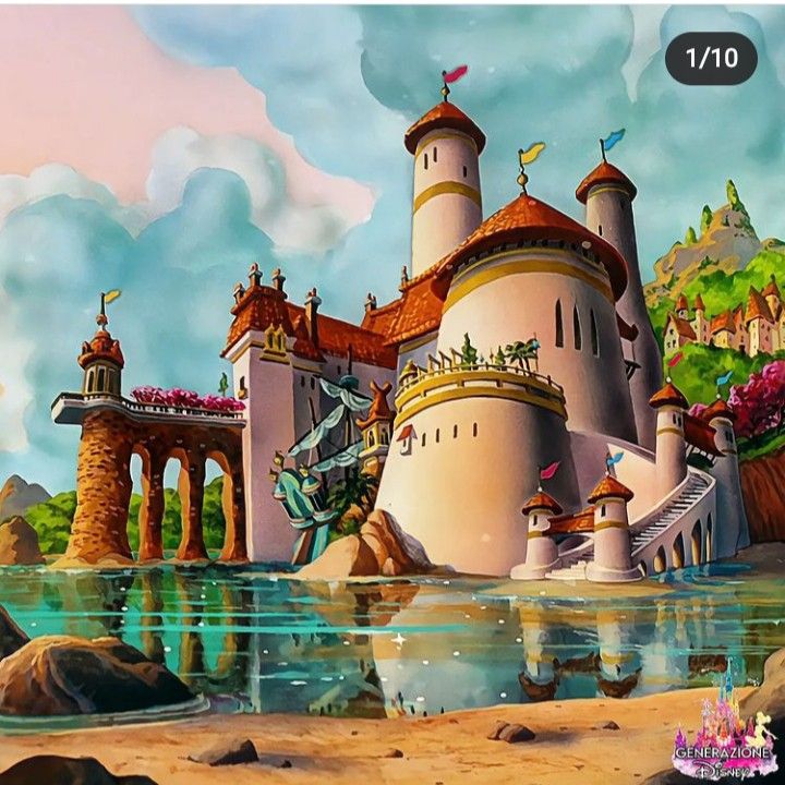 an artistic painting of a castle in the water