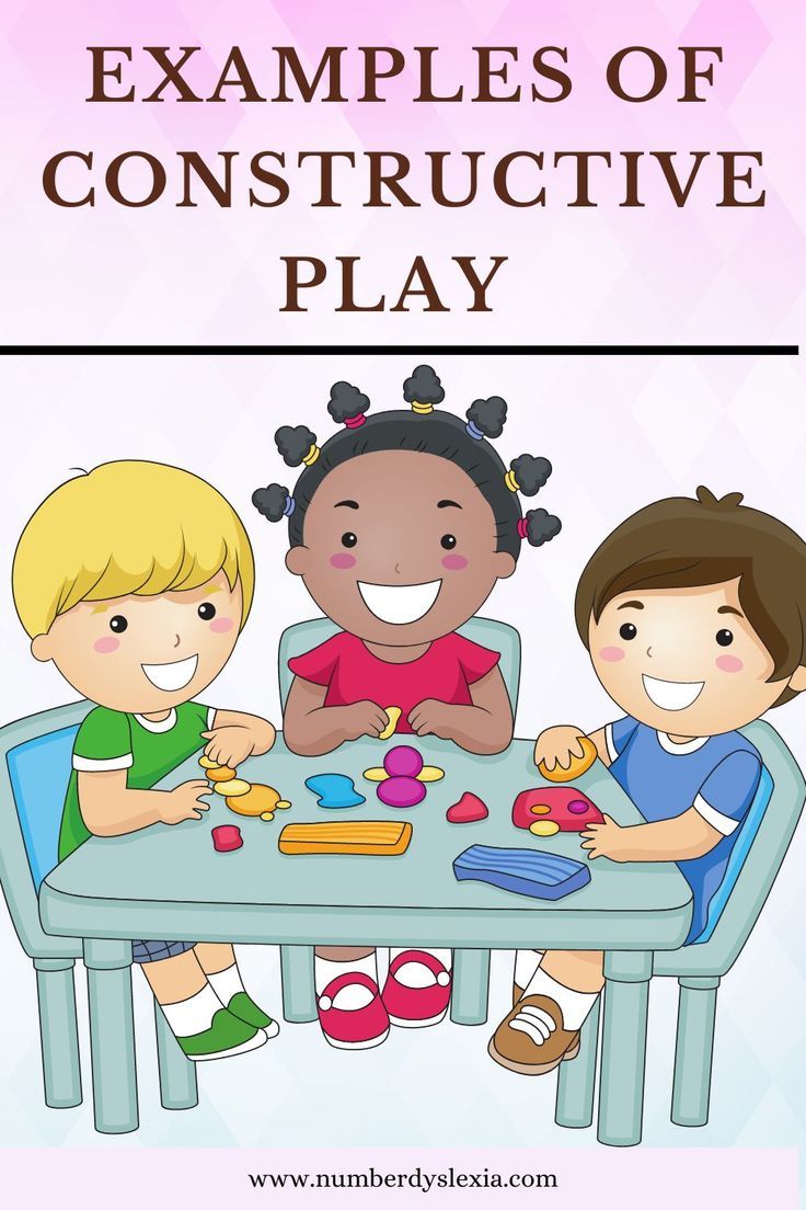 three children sitting at a table with the words examples of constructive play on it