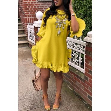 Sweet Ruffle Design Yellow Blending Mini Dress Frilled Dress, Peasant Style Dress, Bohemian Summer Dresses, Irregular Dress, Yellow Mini Dress, Casual Wear Dress, Solid Color Dress, Round Neck Dresses, Ruffle Mini Dress