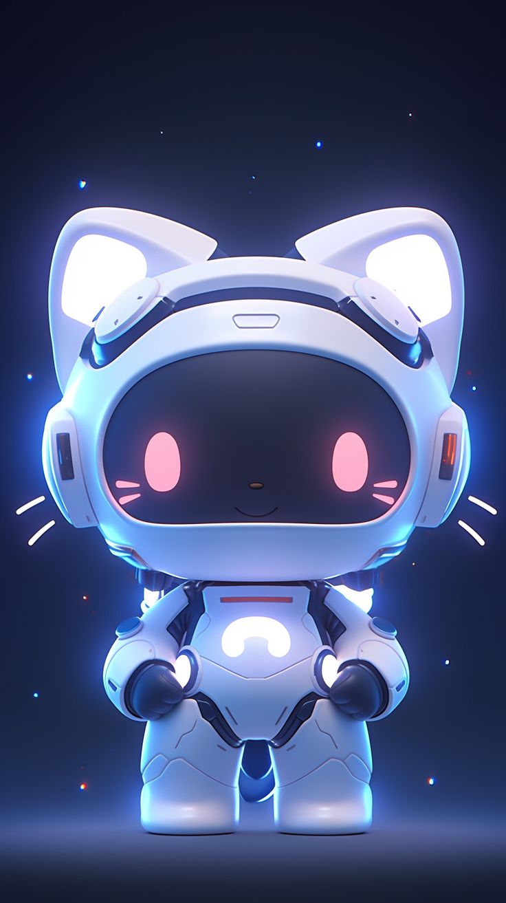 a robot cat with glowing eyes and ears standing in front of a dark blue background