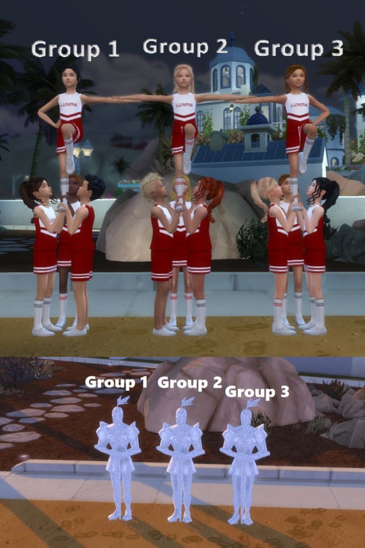 two groups of girls in red and white cheerleader outfits