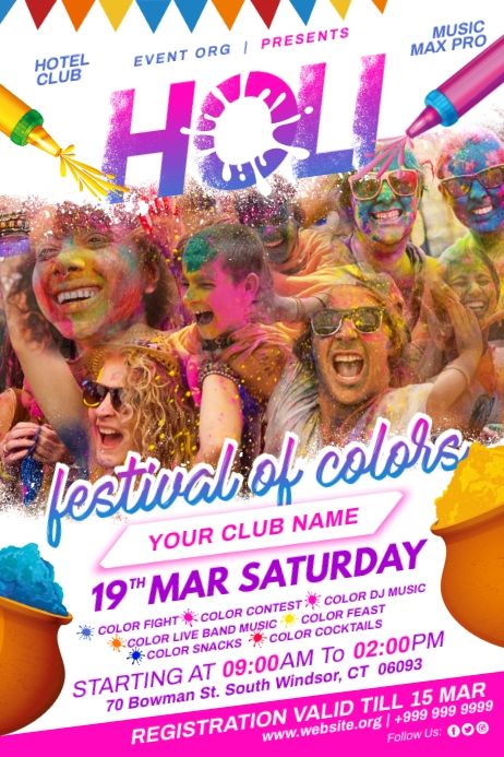 a flyer for the holi festival with people in colorful costumes and confetti