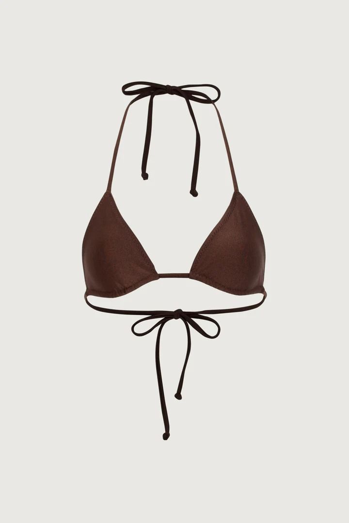 Our cute and tiny triangle top with neck and back tie for the perfect fit. You'll get minimal tan line when you are poolside lounging or at the beach. Fitted Triangle Top Swimwear With Side Ties, Fitted Swimwear With Adjustable Tie-side Bottom, Brown Beachwear Swimwear With Adjustable Straps, Brown Fitted Triangle Halter Top, Fitted Brown Triangle Halter Top, Fitted Swimwear With Drawstring Tie For Sunbathing, Brown Triangle Halter Top For Beachwear, Brown Triangle Top Swimwear With Adjustable Straps, Fitted Strappy Swimwear With String Tie