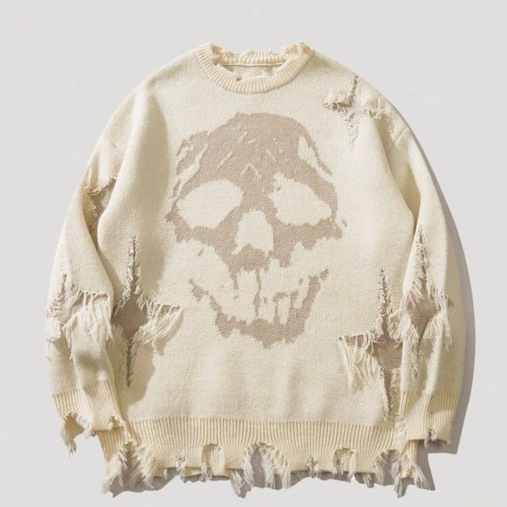 Skull Sweater Bleached Sweater, Winter Outfits Men Streetwear, American Sweater, Distressed Long Sleeve, Apricot Sweater, Designer Tshirt, Y2k Sweater, Shoes Store, Anime Figurines