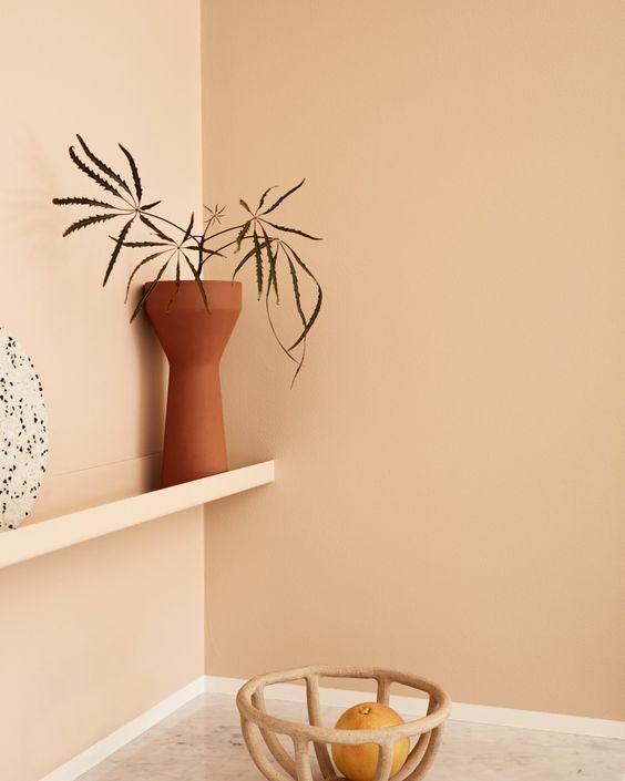 a vase with some plants in it on a shelf next to a bowl and plate