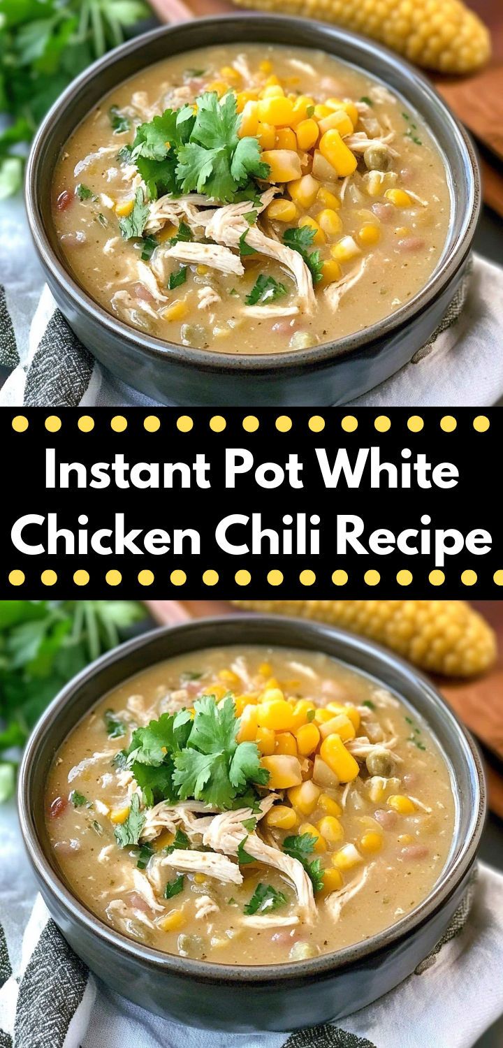 two bowls of instant pot white chicken chili with corn and cilantro on the side