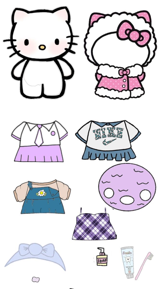 an image of hello kitty paper dolls with clothes and accessories on the bottom right hand corner