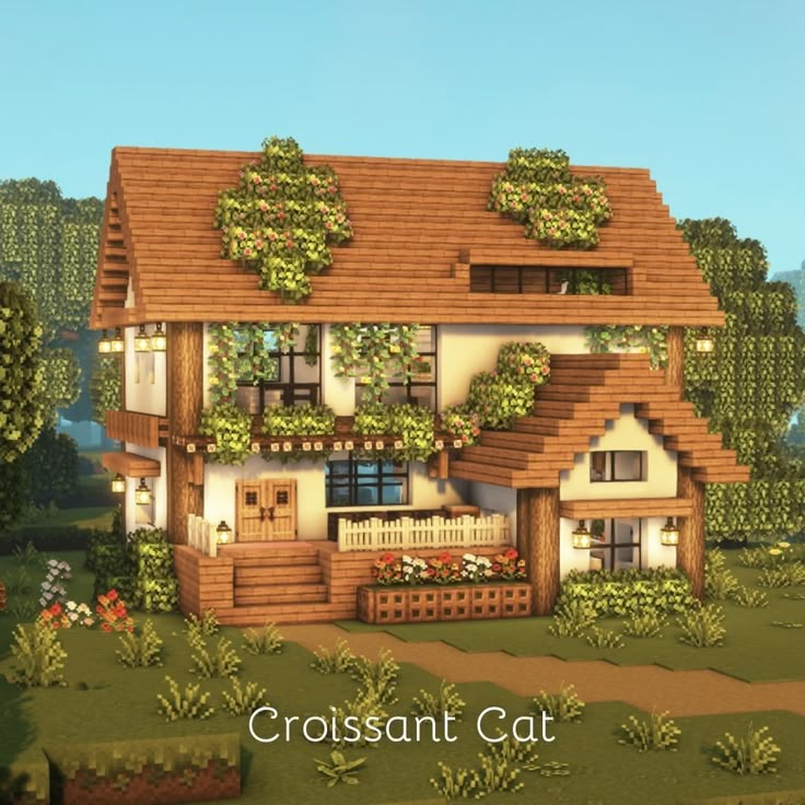 an image of a house in the middle of some trees and bushes with words that read, crossant cat