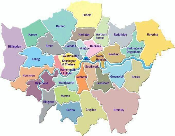 a map of london with all the major cities and their respective roads in bright colors