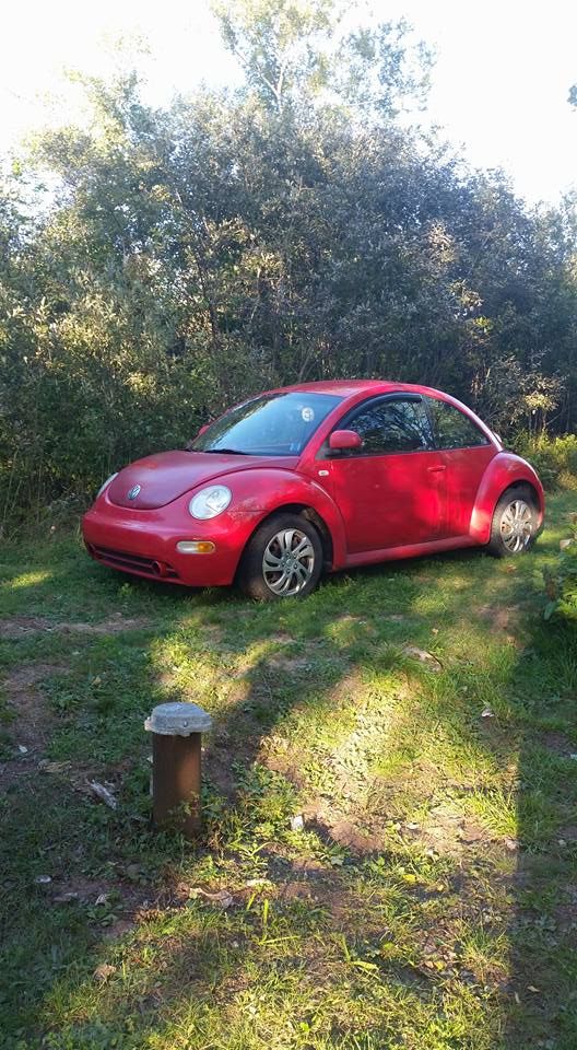 a red car is parked in the grass