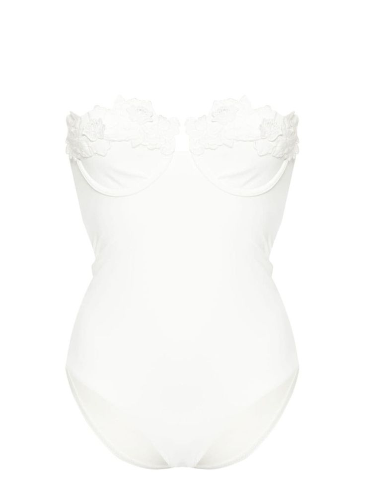 ivory white stretch-design floral embroidery underwire cup detachable shoulder straps strapless cut-out detailing rear clasp fastening Be mindful to try on swimwear over your own garments. Bohemian Wedding Guest, Bathing Suit Designs, City Dress, White Swimsuit, Demi Fine Jewelry, Summer Beach Wear, Ballet Flat Shoes, Ski Wear, Ivory White