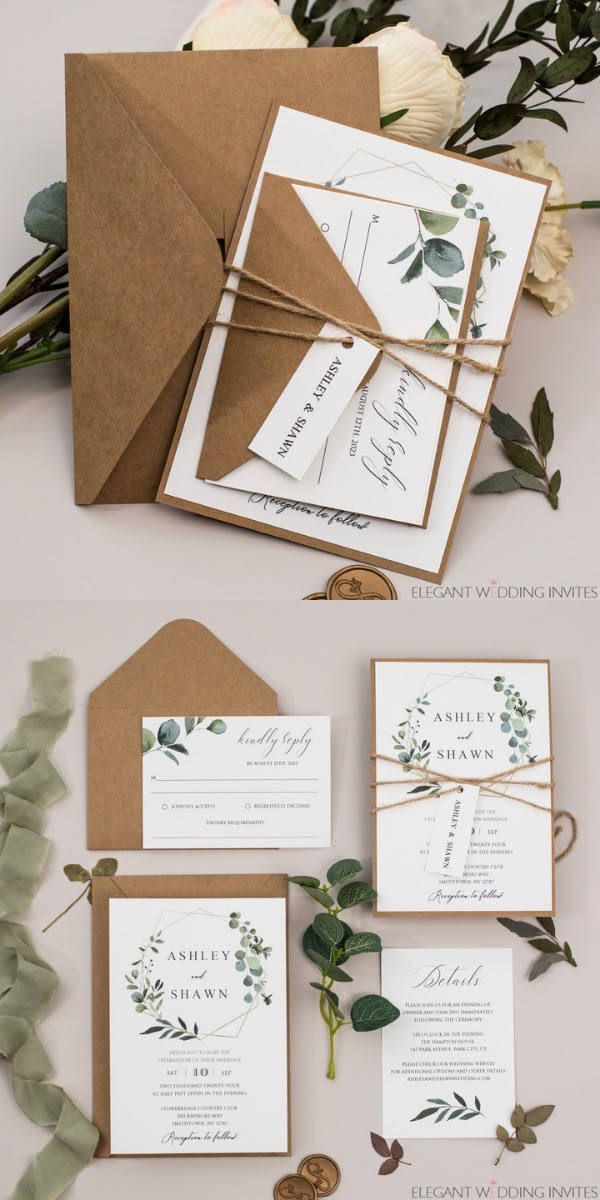 the wedding stationery is laid out on top of each other