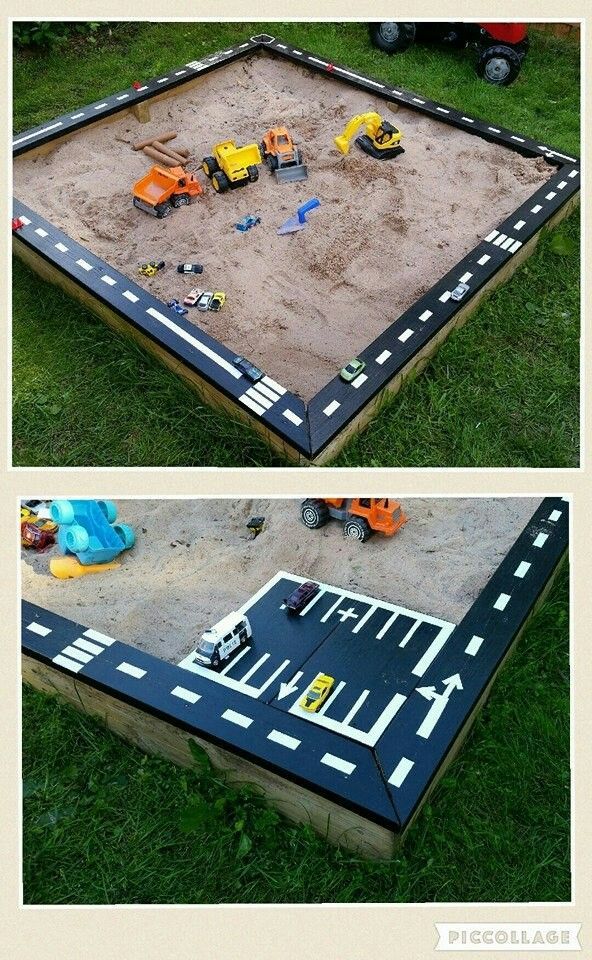 two pictures of an outdoor play area with cars and trucks in the sand on it