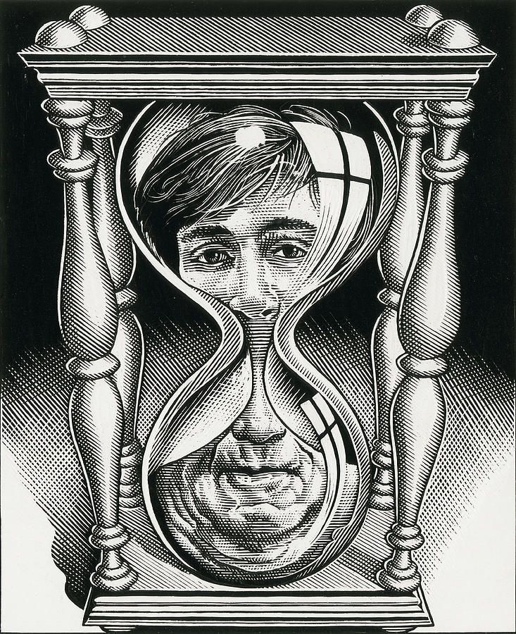 a drawing of a man with an hourglass in front of his face and hands