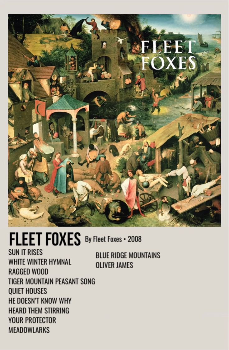 an advertisement for fleet foxes'album, featuring images of people and animals in the background