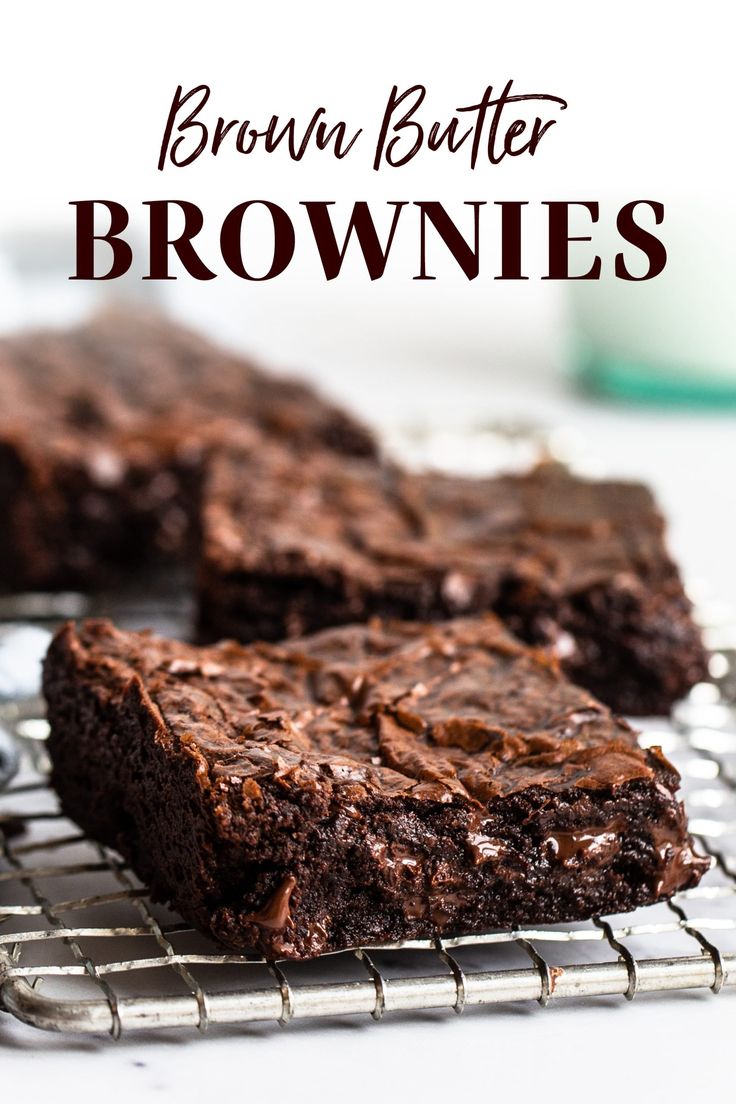 chocolate brownies on a cooling rack with the words, brownie butter brownies