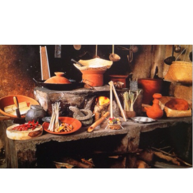 a table with pots and pans on it in a room filled with other items