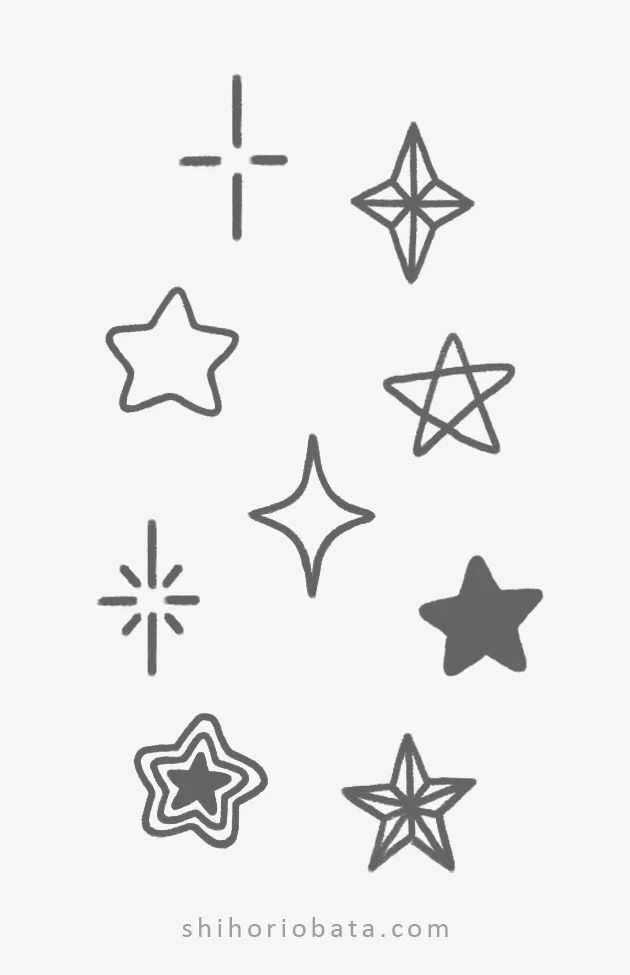 six different star shapes are shown in black and white, with the words stars above them