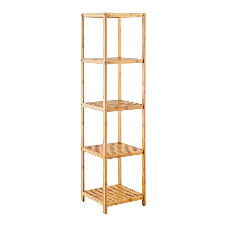 a bamboo shelf with four shelves on each side