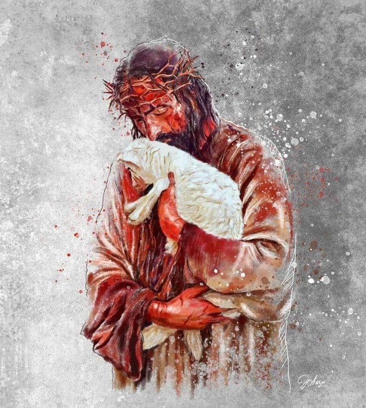 a painting of jesus holding a lamb in his arms with blood splatters all over it