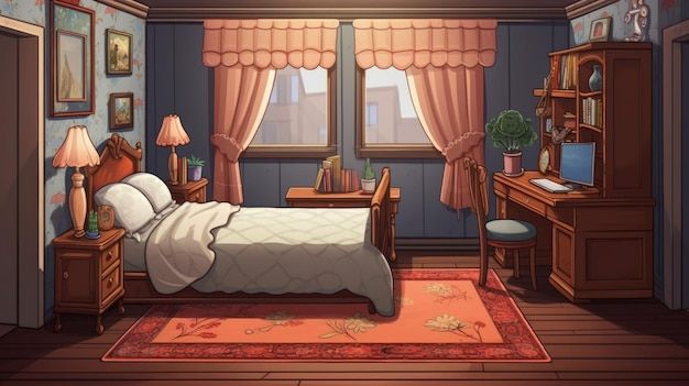 a bedroom scene with a bed and desk