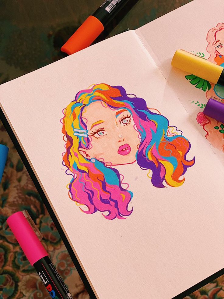 a drawing of a girl with colorful hair