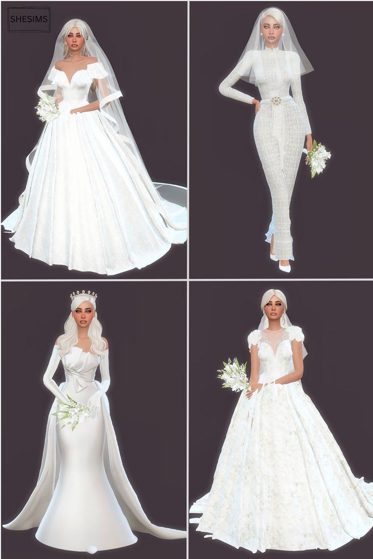 four photos of the same wedding dress and veil, all in different styles with flowers on each side