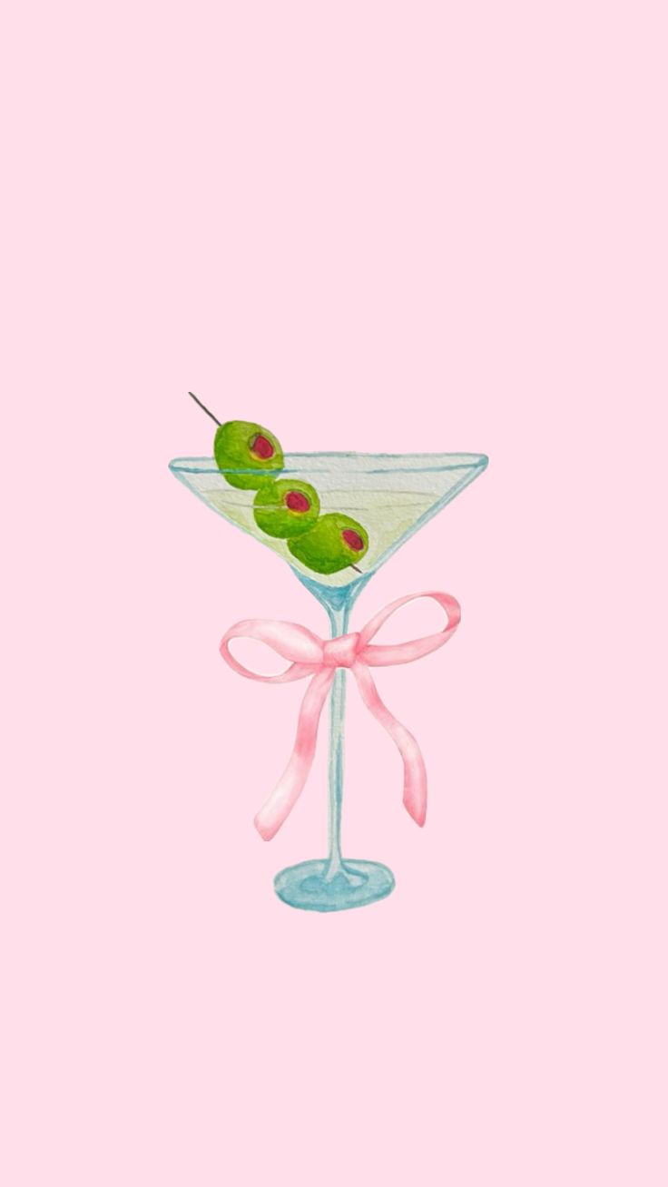 a painting of a martini glass with two olives in it on a pink background