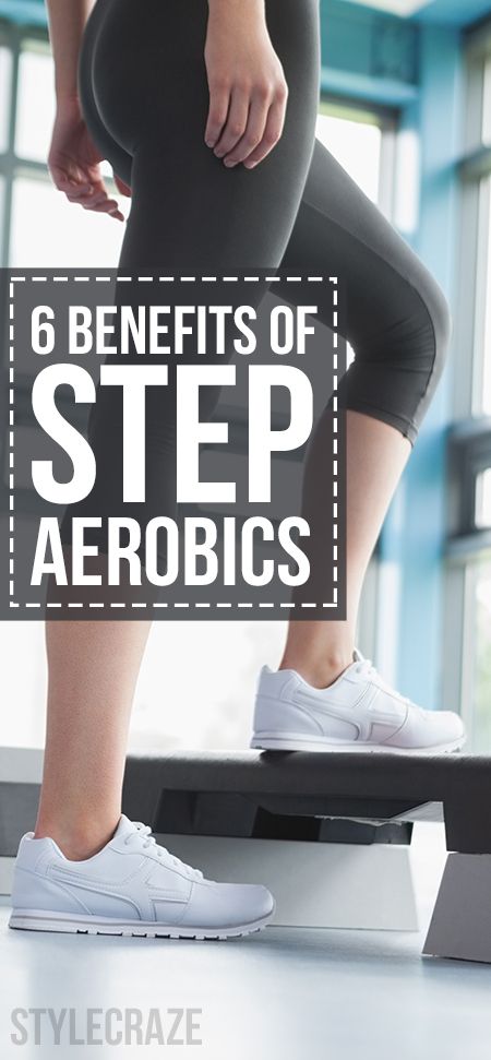 a woman standing on a step stool with the words 6 benefits of step aeroics