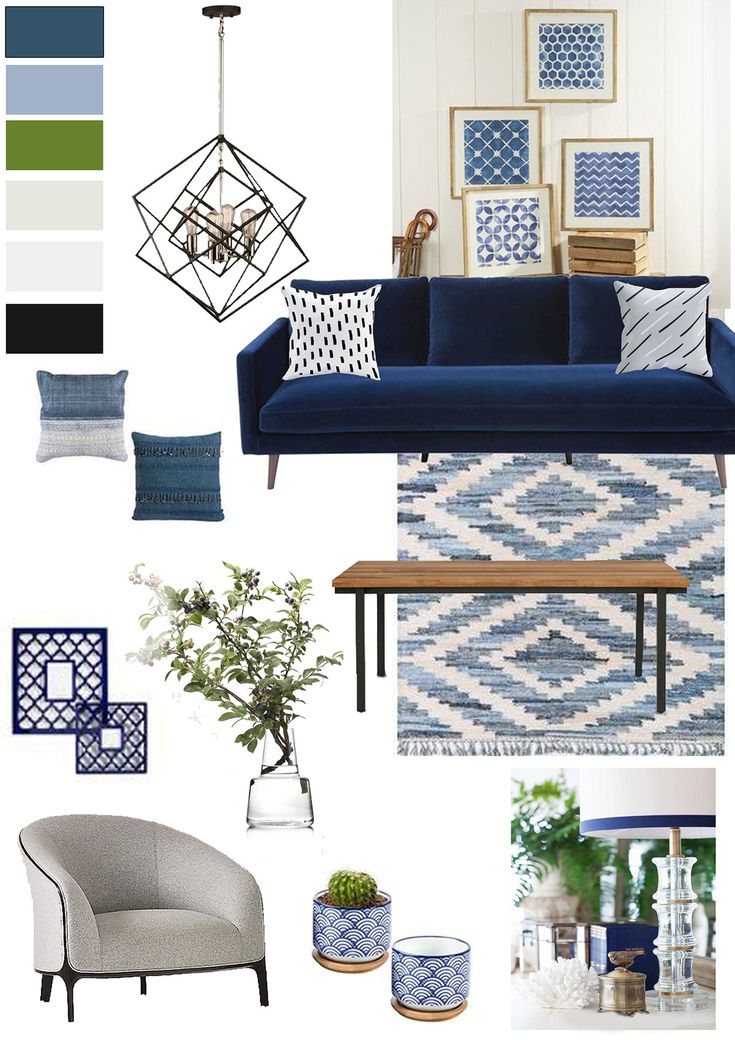 a living room with blue and white decor, including a couch, chair, table, rug