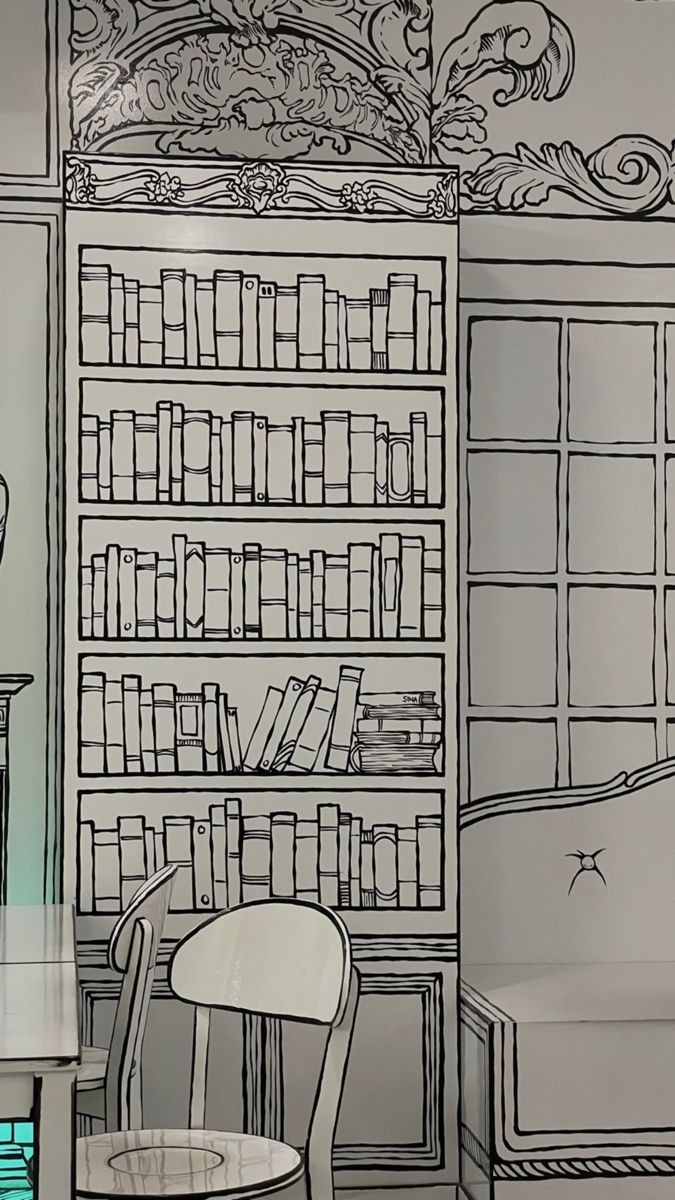 a drawing of a room with bookshelves, chairs and a table in it