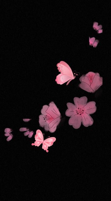 pink flowers and butterflies floating in the dark