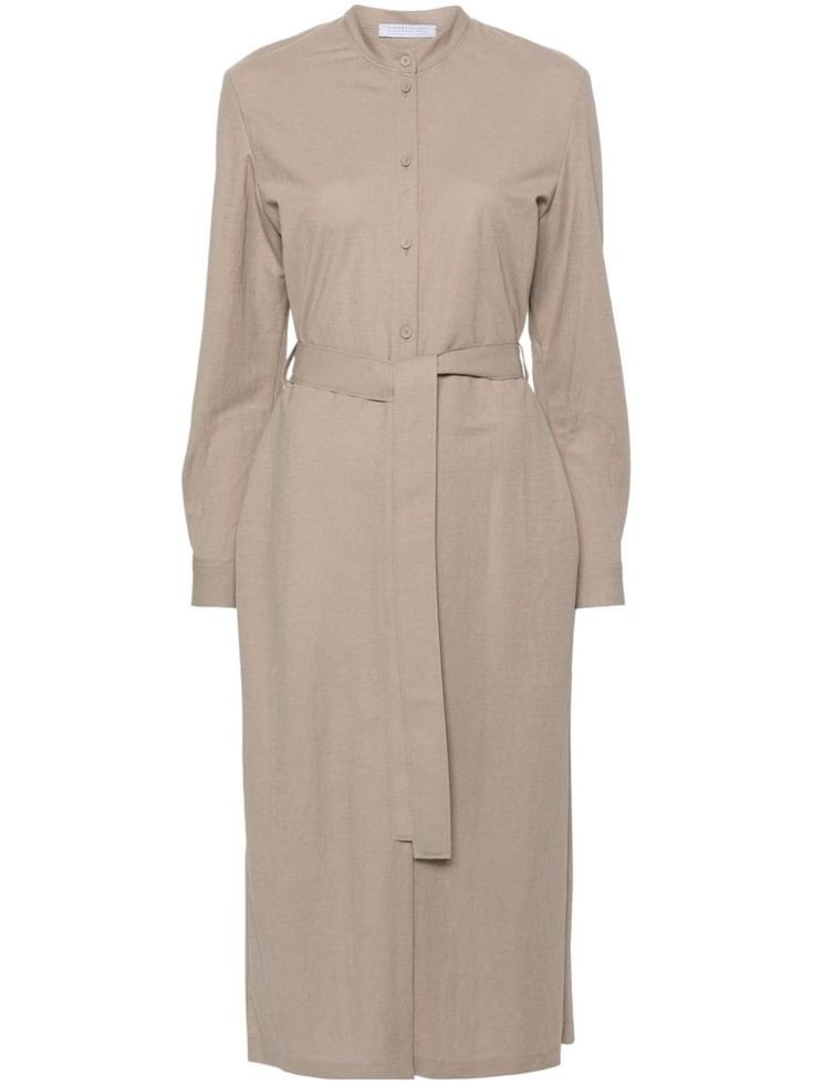 almond beige band collar long sleeves buttoned cuffs fabric-covered buttons pleat detailing to the sleeve belt loops detachable and adjustable waist tie mid-calf length straight hem front button fastening Shirt Midi Dress, Planet People, Harris Wharf London, Calf Length Dress, Versace Outfit, City Dress, Yoko London, Dress With Belt, Midi Shirt Dress