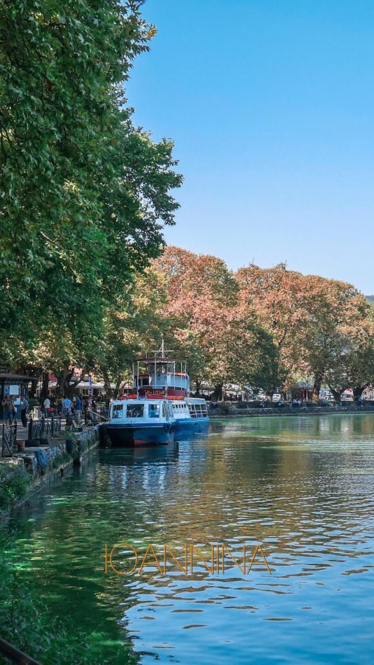 boats are docked on the water in front of trees and people walking along the shore