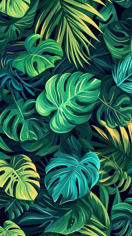 green and yellow tropical leaves on a black background with blue sky in the back ground