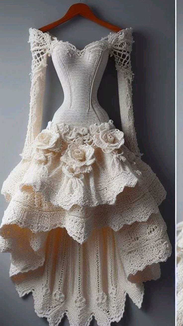 two pictures of dresses hanging on a wall and one is made out of crochet