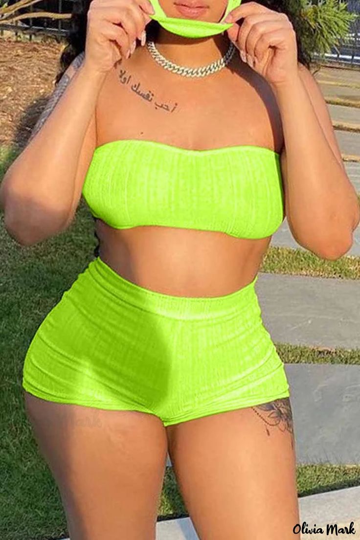 Olivia Mark - Ladies Neon Green Solid Backless Strapless Two-Piece Sleeveless Ensemble Yellow Two Piece, Green Two Piece, Purple And Gold Dress, Two Piece Short Set, Sleeveless Suit, Elastic Waist Shorts, Yellow Fashion, Two Piece Outfit, Green Fashion