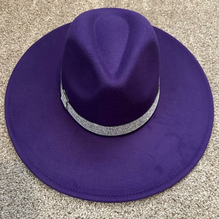 Brand New! Party Hat With Rhinestones And Flat Brim, Wide Brim Hat With Rhinestones, Purple Fedora Hat For Party, Trendy Party Hats With Rhinestones, Trendy Rhinestone Party Hats, Purple Hats, Purple Rhinestone, All Things Purple, Brim Hat