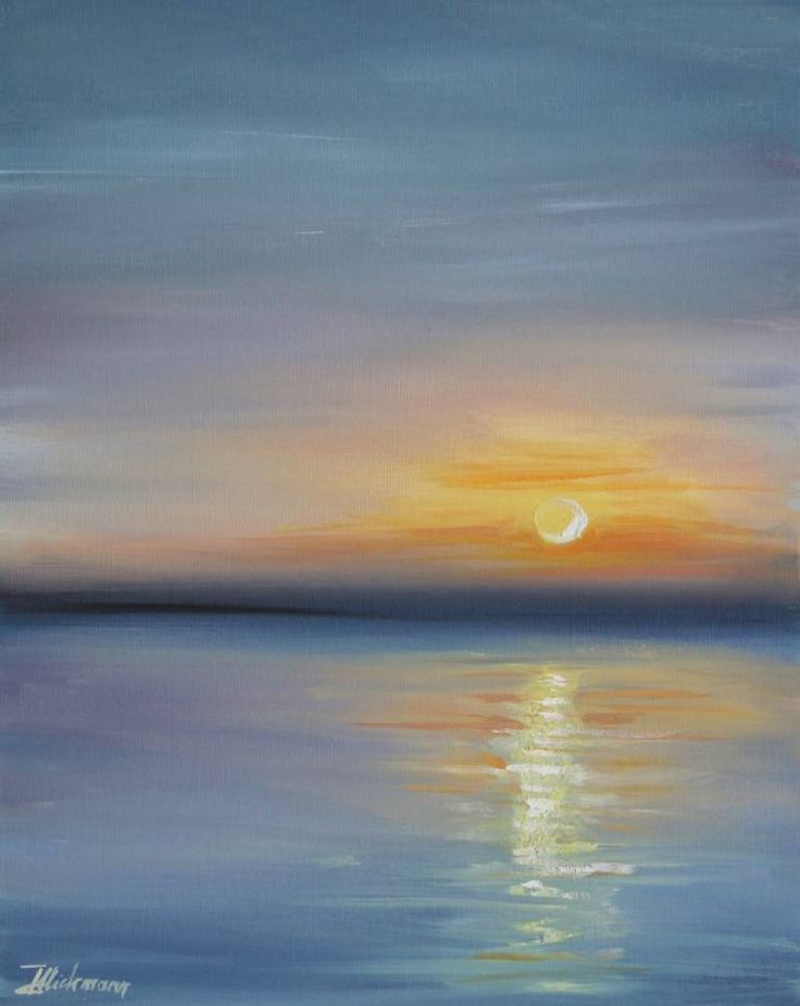 an oil painting of the sun setting over water