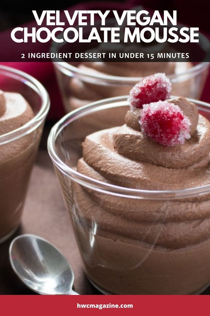 two desserts in glass bowls with spoons on the side and text that reads velvety vegan chocolate mousse