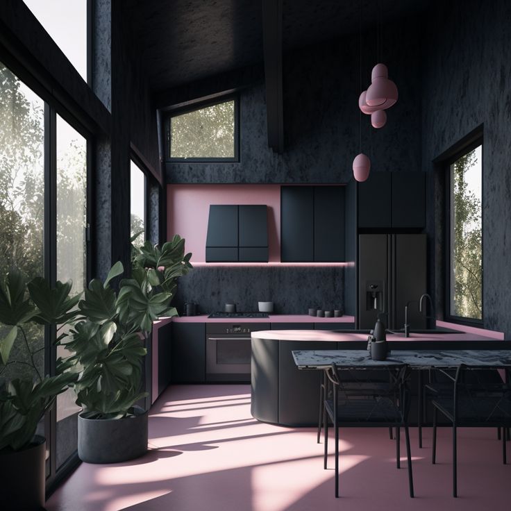 a kitchen with pink walls and flooring next to a dining room table surrounded by potted plants