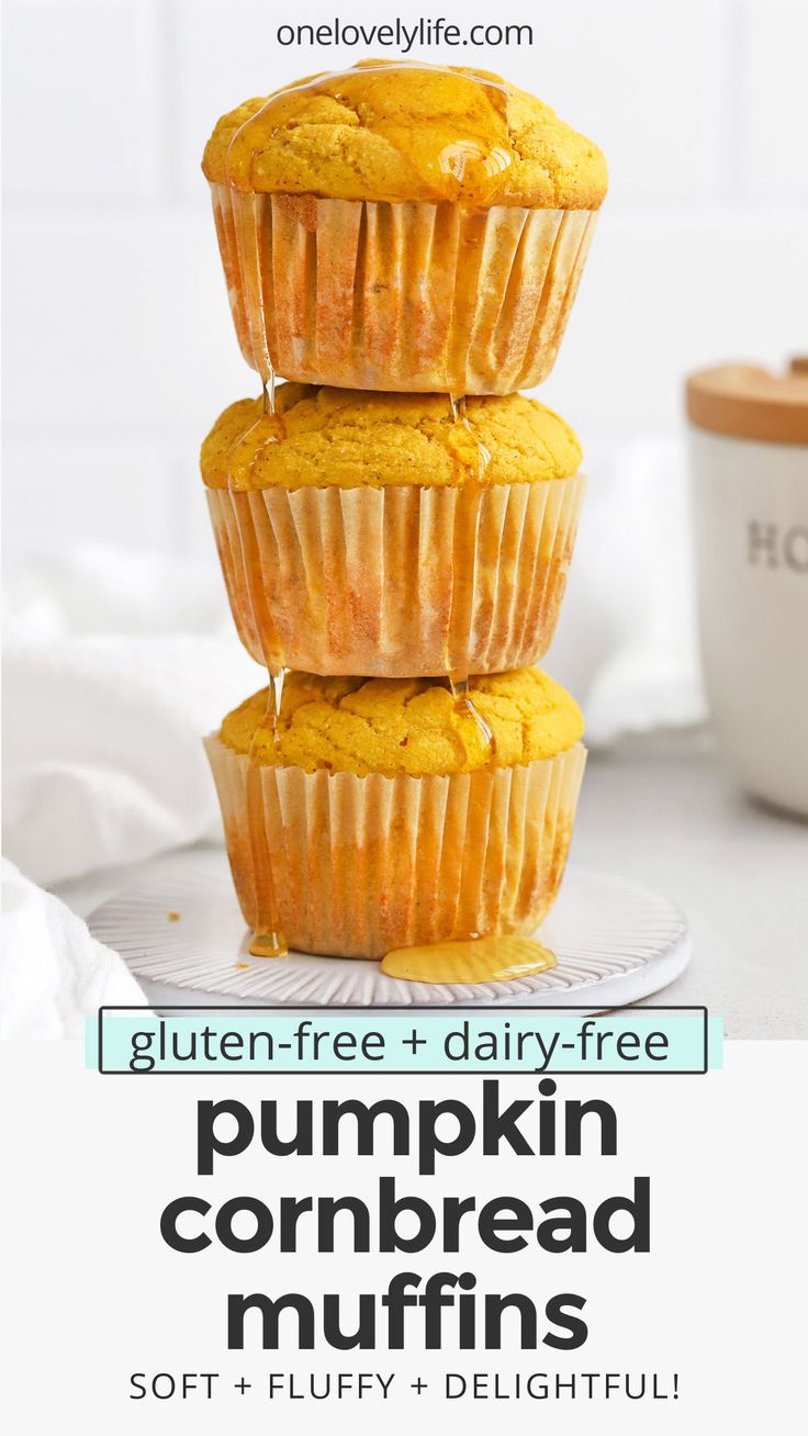 three pumpkin cornbread muffins stacked on top of each other with the text gluten - free and dairy - free pumpkin cornbread muffins