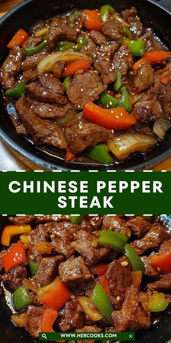 two pictures of beef and peppers in a skillet with the words chinese pepper steak