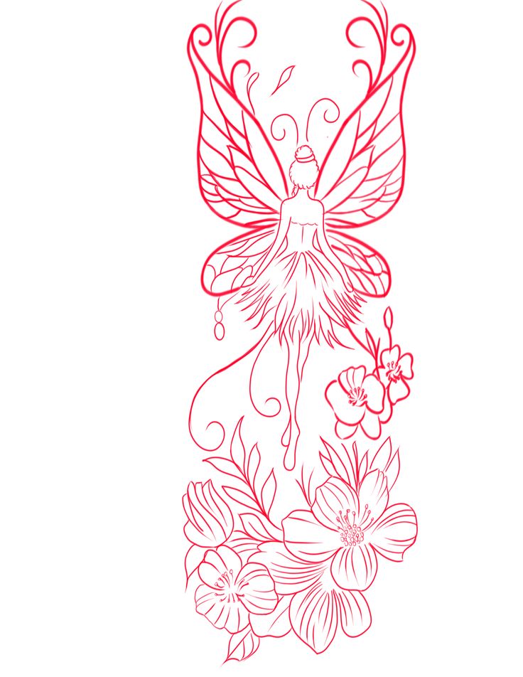 a drawing of a red fairy with flowers and butterflies on it's back side