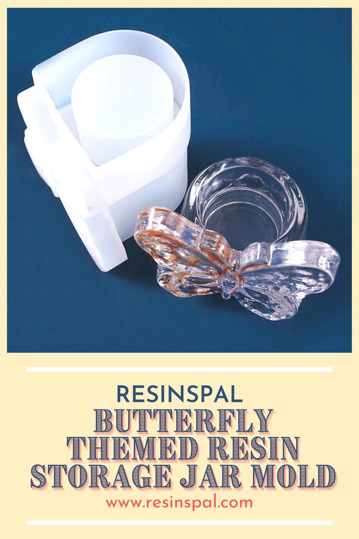 an image of some glass items on a blue background with the words resinsal butterfly themed resinin storage jar mold